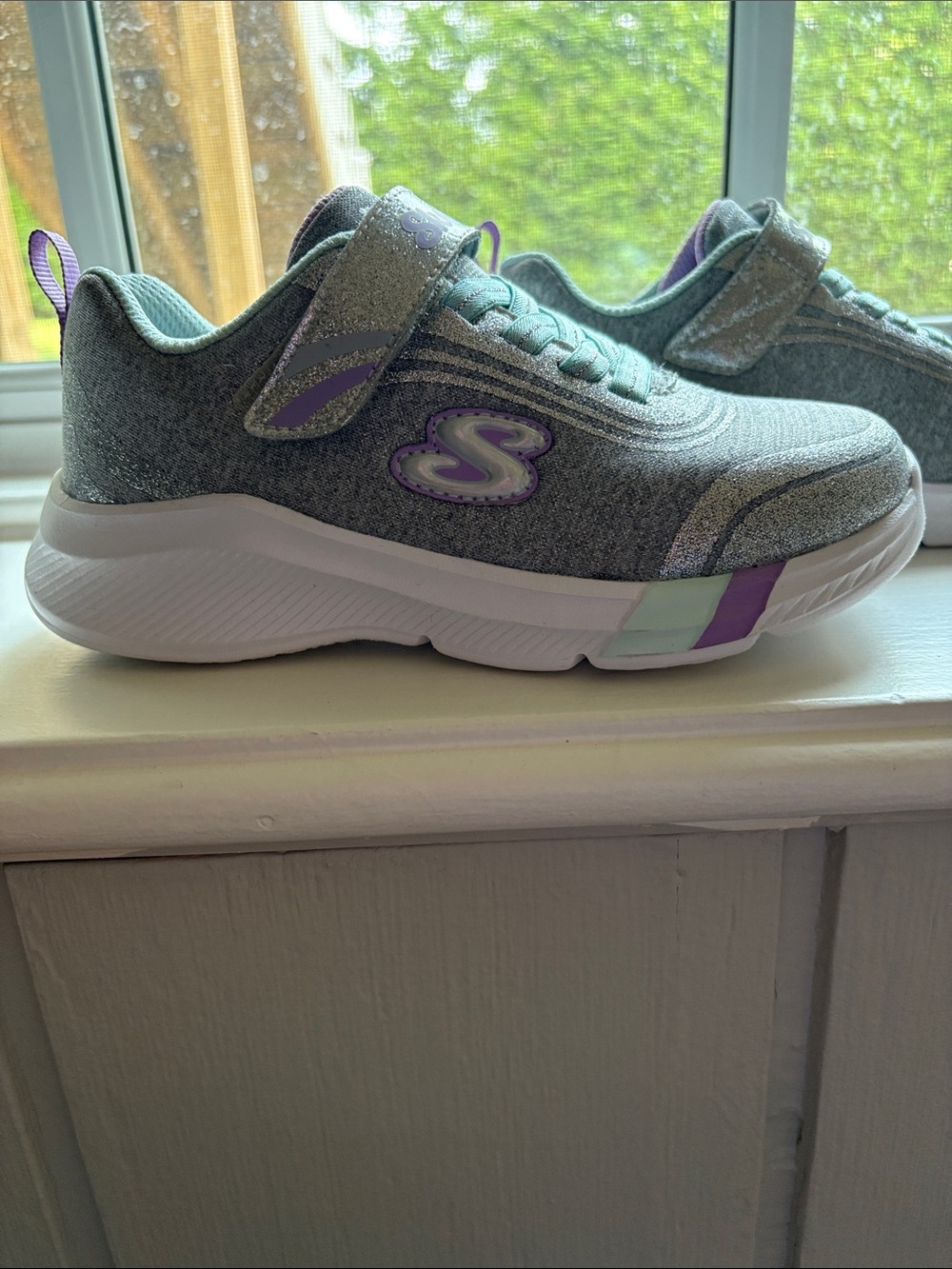 Skechers Kids Gray Sneakers with Purple and Mint Accents